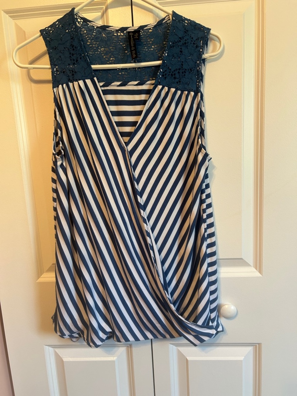 Sleeveless Navy & White Striped Wrap Top with Lace Yoke